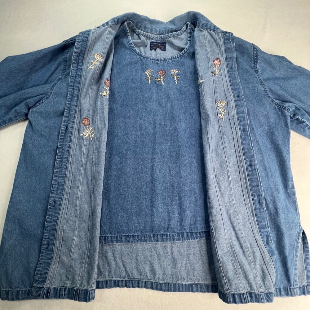 Willow Ridge Womens Blue Denim 2 Piece Set Embroidered Floral Pintuck Shirt Tank